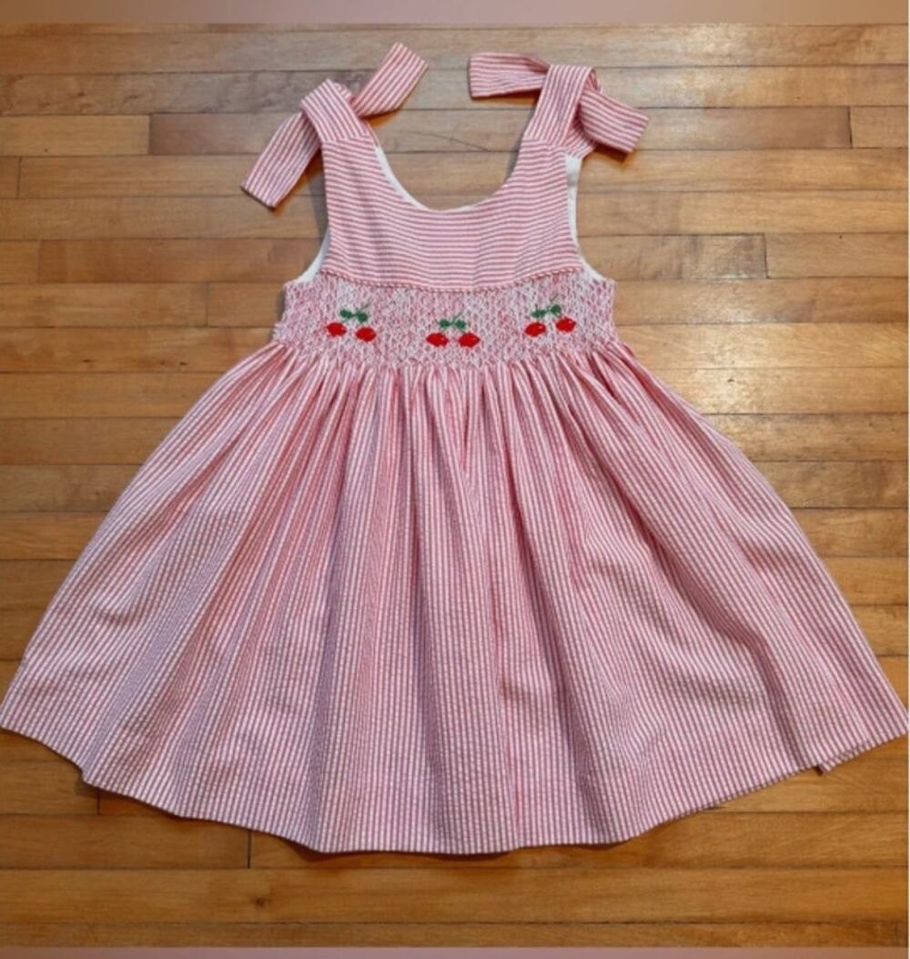 Carriage Boutiques Striped Embroidered Cherry Dress in RED/WHITE STRIPED (4T)